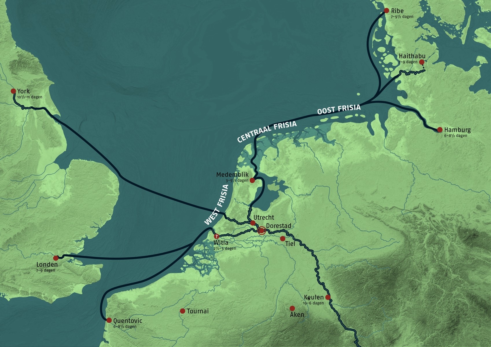 Kaart met het ‘internationale’ handelsnetwerk rondom Dorestad rond het jaar 800