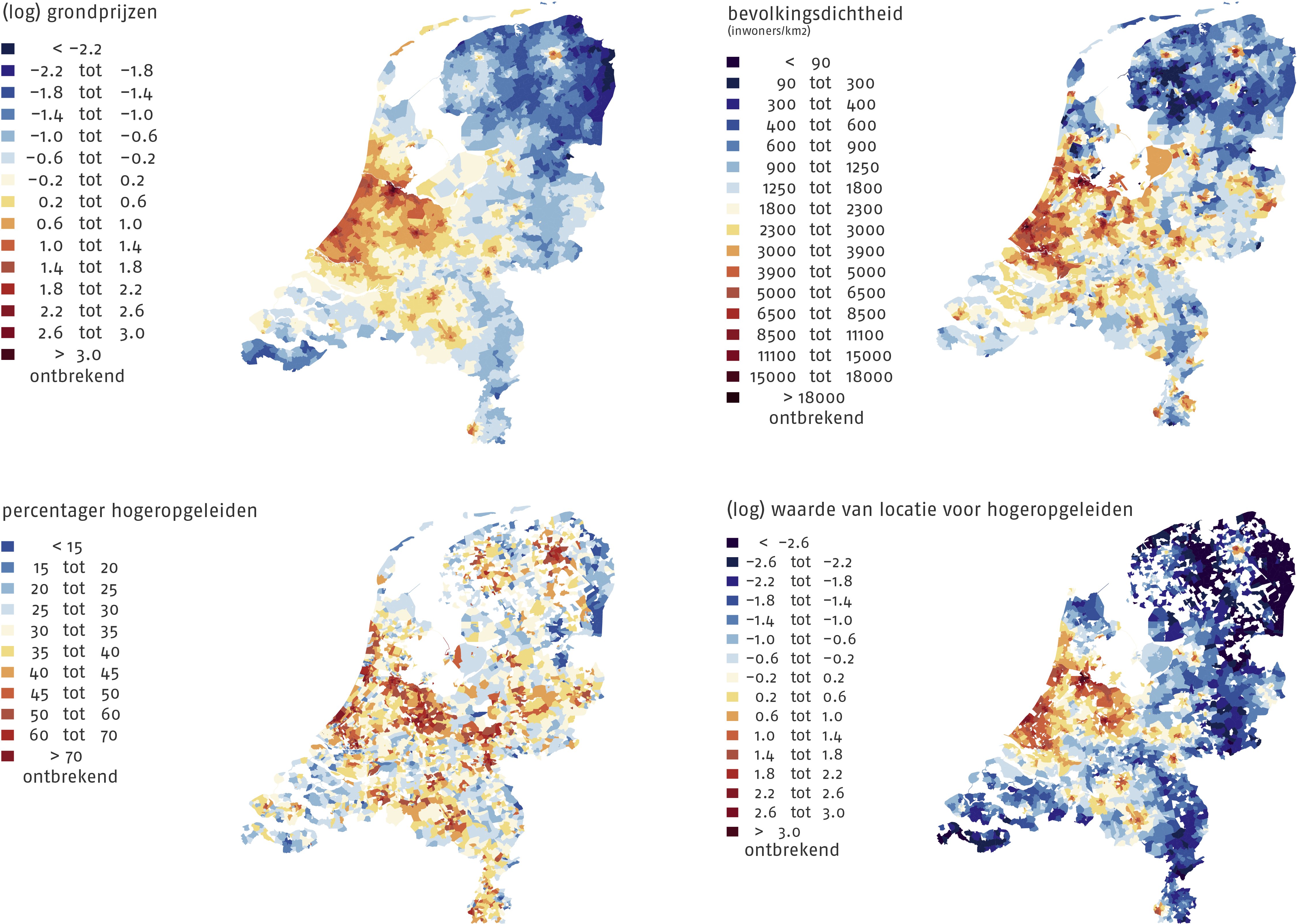 Verband tussen bevolkingsdichtheid, aantrekkelijkheid voor hogeropgeleiden en grondprijzen
