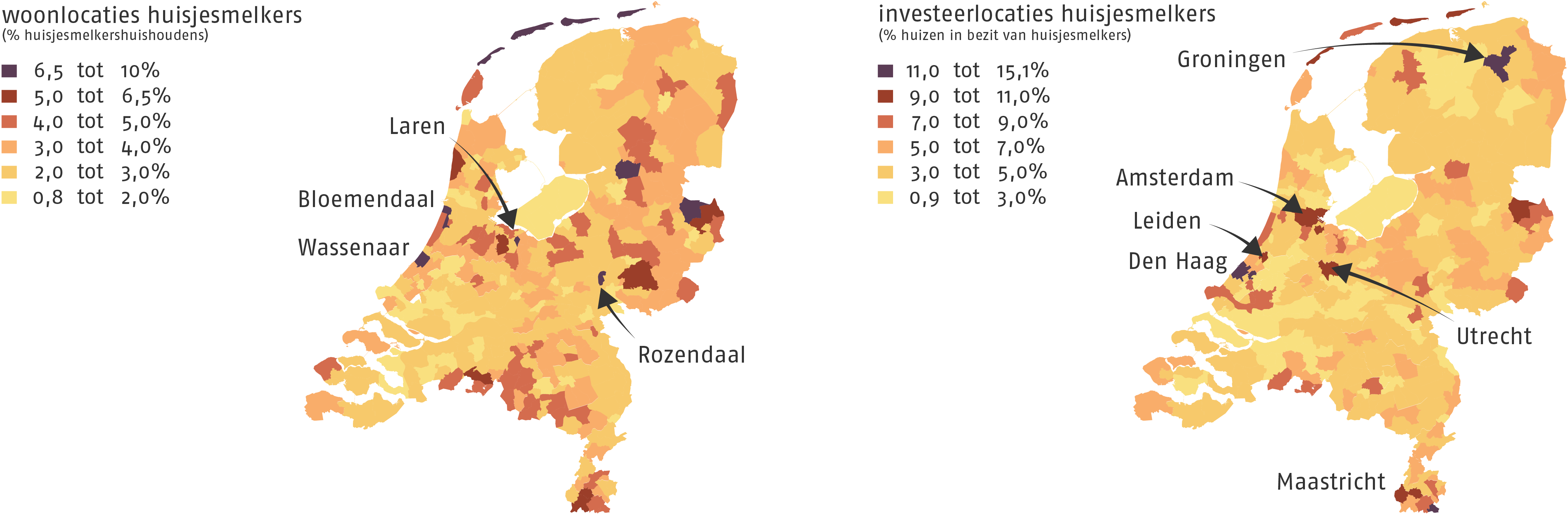 De verdeling van locaties waar huisjesmelkers wonen en waar ze melken